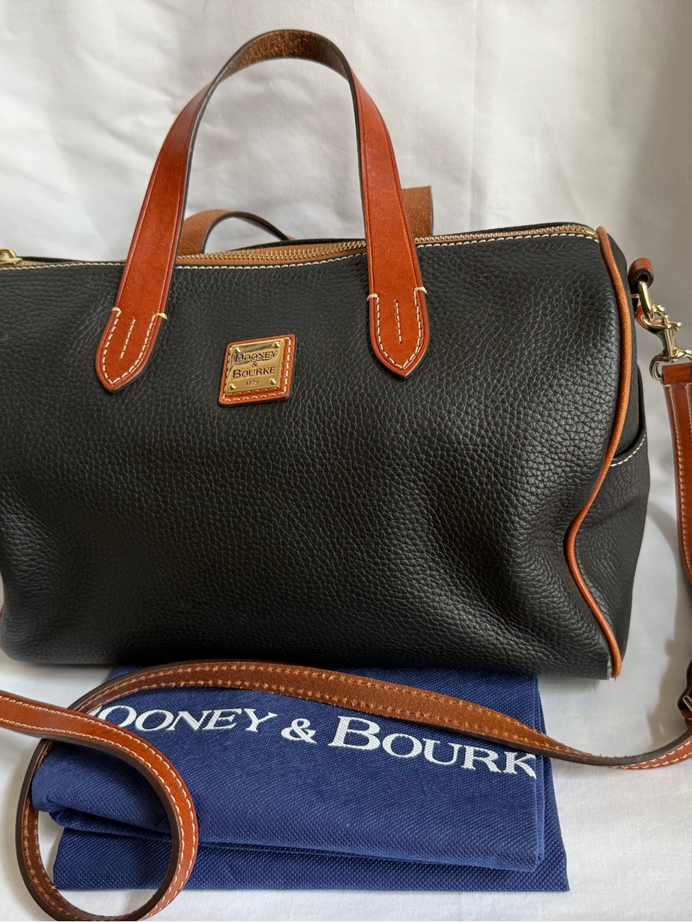 Dooney & Bourke Black Pebble Leather Duffel with Brown Trim